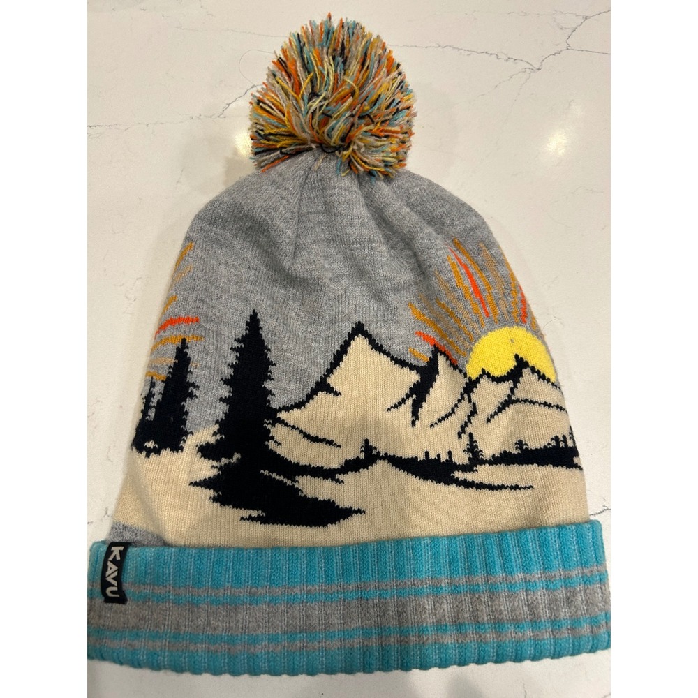 KAVU Beanie Grey Mountain Landscape Pom Pom Winter Knit Hat Outdoors